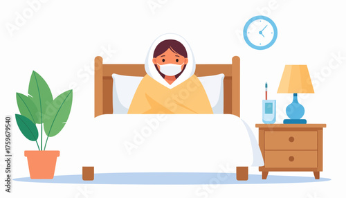 Restful recovery days, woman in bed wearing mask, cozy quarantine, stay home safe, feel better soon, wellness concept, vector illustration