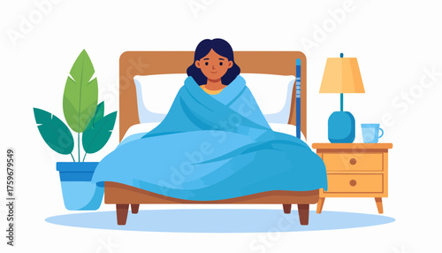 Stay cozy and relaxed with a blanket in bed, perfect for a chill day indoors, featuring a serene bedroom scene with a plant and bedside table lamp