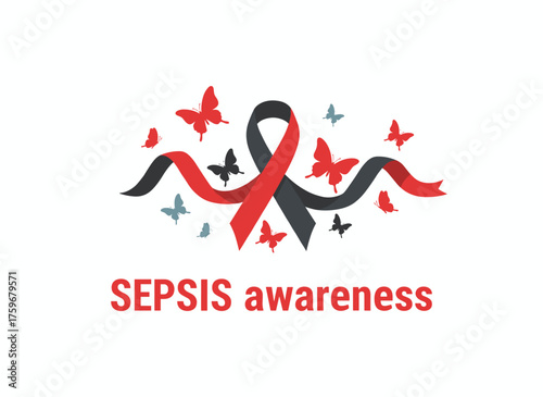 A sepsis awareness ribbon featuring healthcare and prevention themes, with butterflies symbolizing the sepsis awareness emblem, sign, and design