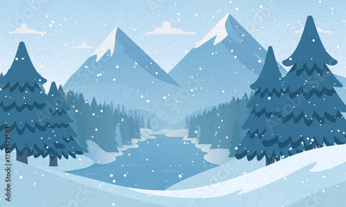 Winter landscape with snowdrifts and snowy fir trees. Vector doodle style seasonal nature background. Frosty snow hills. Game art concept. Vector illustration: Cartoon Winter snowy Mountains lands