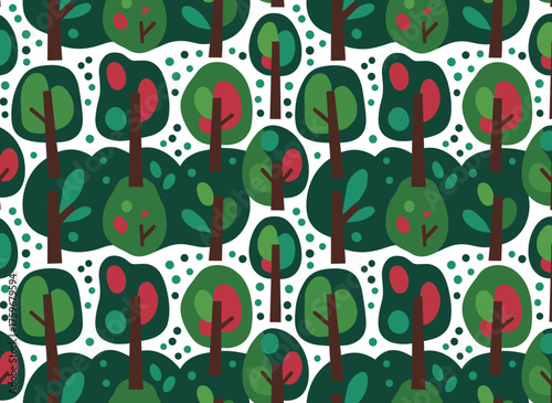 A continuous green pattern featuring trees as a vector backdrop, ideal for wallpapers, pattern fills, web page backgrounds, surface textures, and textile designs, evoking parks, gardens, and forests