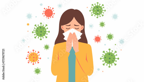 Woman with cold or flu symptoms blowing her nose with tissue surrounded by virus cells, health awareness campaign, illustrating illness and prevention