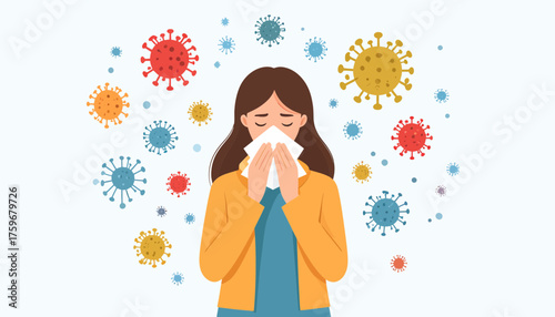 Worried woman with flu symptoms wiping nose surrounded by virus particles, a health crisis awareness visual symbolizing contagious illness and personal vulnerability