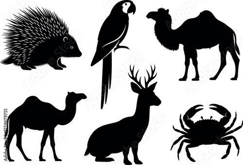 Silhouette vector set of wild and exotic animals including camel, deer, parrot, crab, porcupine for nature and wildlife themes
