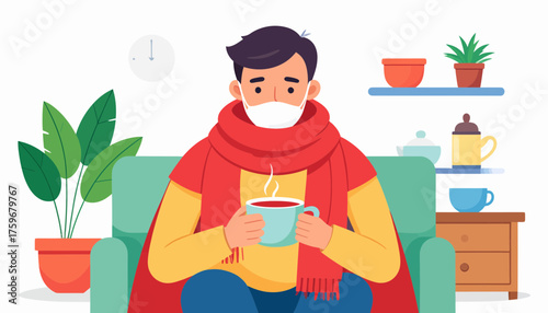 Man wearing mask and scarf holding hot beverage, seeking comfort and warmth at home, promoting health awareness and self care in modern living spaces