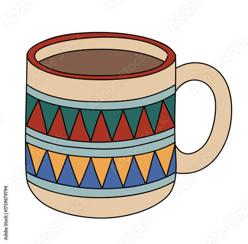 A clean vector illustration of a ceramic coffee mug with a red rim and colorful tribal geometric pattern in red, green, blue, and orange triangles on a cream base, isolated on transparent background