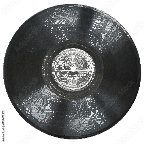 Analog record disc Isolated on White Background. Vinyl album. Dotted halftone texture background. Old school pop art gradient overlay. Fading grunge gritty noise wallpaper. Retro pixelated style