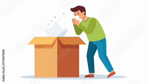 Sad man feeling emotional while reading goodbye letters in box, grieving loss, feeling heartbroken, emotional farewell, and letting go of the past