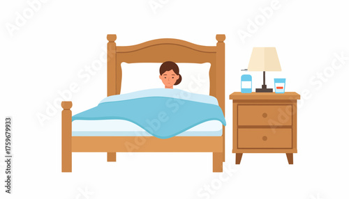 Cozy bedroom scene with a woman resting in bed, featuring bedside table essentials, illustrating a tranquil and comfortable atmosphere for relaxation