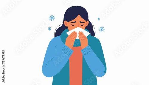 Feeling unwell during winter Young woman blowing nose with tissue as snowflakes fall, perfect for health, cold and flu season marketing, vector origin