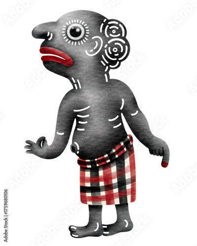 Cute Traditional Southern Thai Shadow Puppet Character watercolor painting.