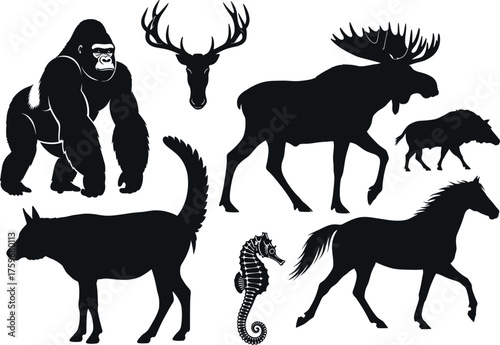 Animal silhouette set featuring wild and domestic species including gorilla, deer, horse, seahorse, moose, boar, and wolf icons