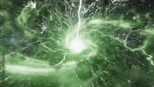 A stunning abstract scene depicting a powerful burst of green cosmic energy surrounded by glowing lightning and swirling nebula clouds in deep space.