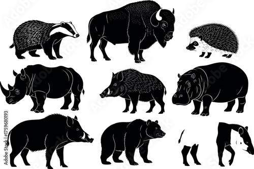 Animal silhouette set of wild mammals including bear, bison, boar, rhino, tapir, hedgehog, hippo, badger in side view