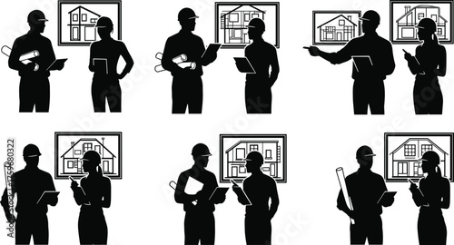 Black and white silhouette vector illustration of architects and engineers reviewing blueprints, teamwork collaboration, construction planning, building design, and project management