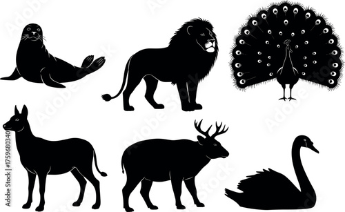 Animal Silhouettes Collection Featuring Seal, Lion, Peacock, Donkey, Moose, Swan – Wildlife Vector Icons for Nature, Zoo, Education, Design
