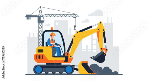 Construction worker operates an excavator at a building site symbolizing industry and development