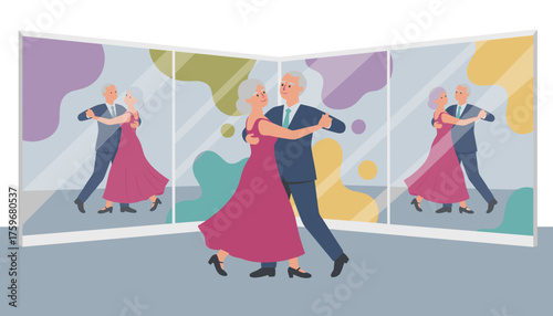 Elegant senior couple ballroom dancing in a studio reflecting an active joyful lifestyle