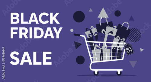 Black Friday Sale illustration Shopping cart loaded with gifts and 50 discount tag on purple