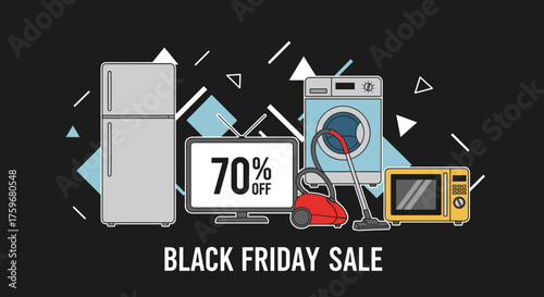 Black Friday Sale banner with major home appliances and 70 off discount illustration