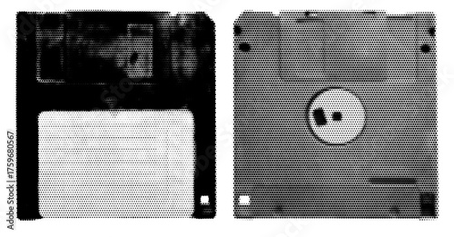 Retro 3.5” White Floppy Disk with front and back side on white background, old vintage storage png diskette. Dotted halftone texture background. Black and white pop art gradient overlay. Fading grunge