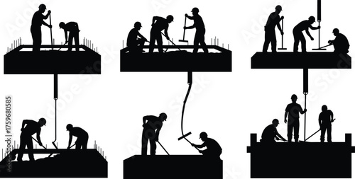 Black and white silhouette vector illustration of architects and engineers discussing house plans, teamwork collaboration, blueprint review, construction design, and project management