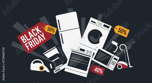 Black Friday sale promotion featuring home appliances illustration