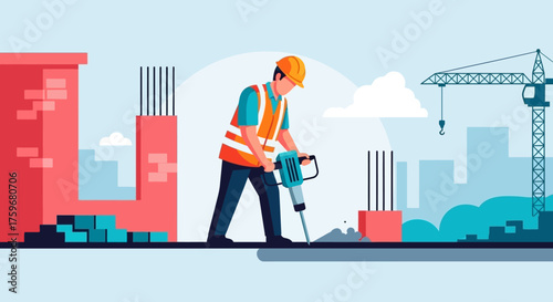 Construction worker with jackhammer on building site symbolizing urban development and hard labor
