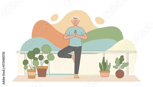 Senior man doing yoga tree pose on balcony with houseplants promoting health and wellness