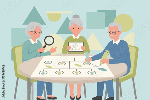 Seniors researching and charting family history representing genealogy heritage and legacy planning