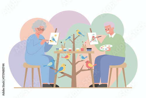 Seniors painting colorful birds a joyful and creative hobby for active retirement life