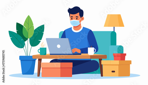 Man wearing a mask working remotely on laptop from home, enjoying coffee, surrounded by plants and boxes, perfect for illustrating modern work lifestyle