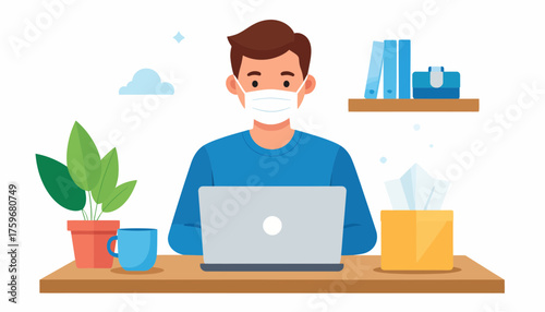 Working from home safely, remote worker wearing a mask at his desk with laptop, plants, and a tissue box, promoting health and safety in the workplace