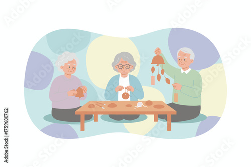 Happy seniors enjoying a pottery crafting session making decorative bells and wind chimes