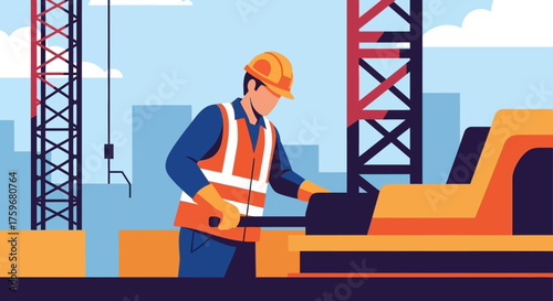 Skilled worker in hard hat and safety vest operating machinery at urban construction site