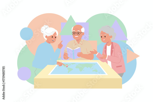 Three happy seniors plan travel pointing at a world map and reading a book