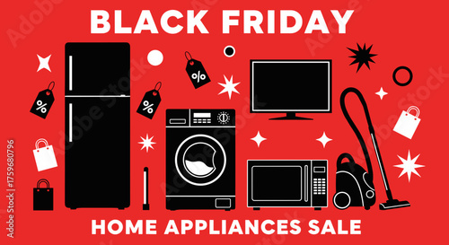 Black Friday Home Appliances Sale banner with icons of fridge TV washer and vacuum on red background