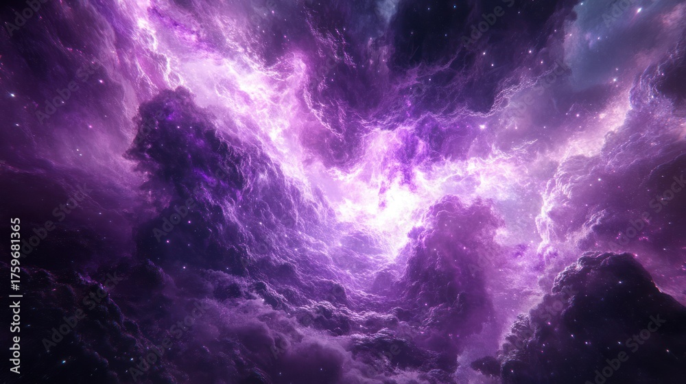 Fototapeta premium Cosmic nebula, swirling, vibrant purple, star clusters, galaxy, space, aesthetic background, stock image