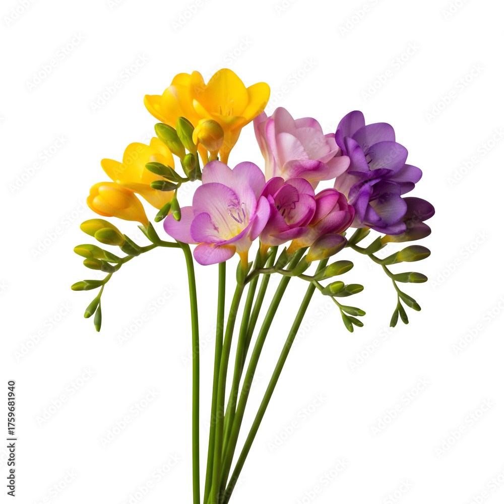 Naklejka premium Cheerful freesia blossoms in yellow, pink, and purple hues bloom, perfect for spring designs, events, or romantic celebration themes
