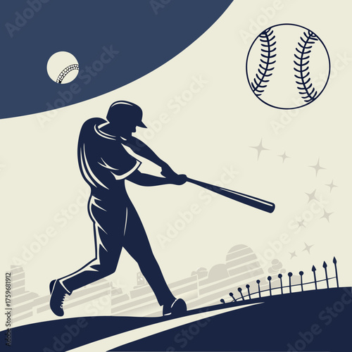 Baseball player swinging bat at ball in silhouette