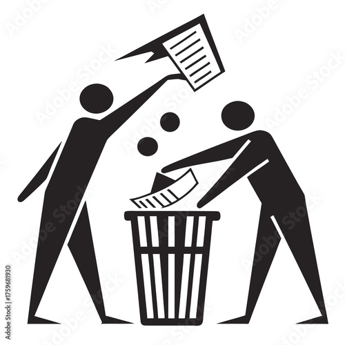 Two people throwing trash into a bin