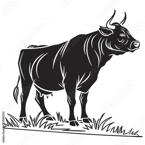 Black and white illustration of a cow standing on grass