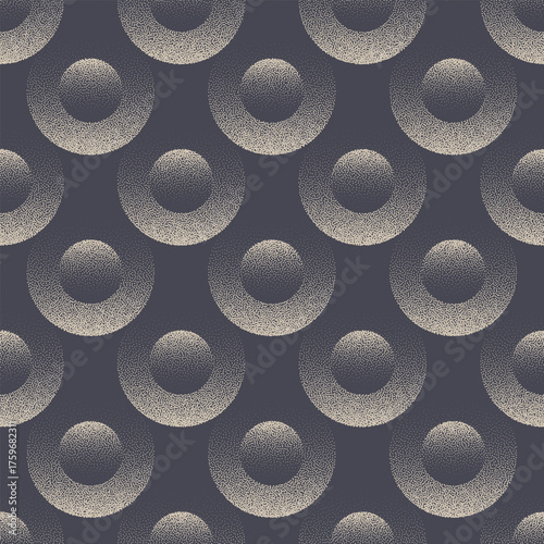 Vector seamless pattern abstract background with classic circle motif and halftone effect. Repetitive grainy texture for retro poster design, textiles and modern wall art with dotted circular balance