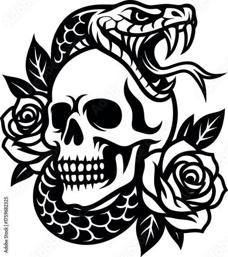 Skull and Snake Floral vector silhouette clipart design