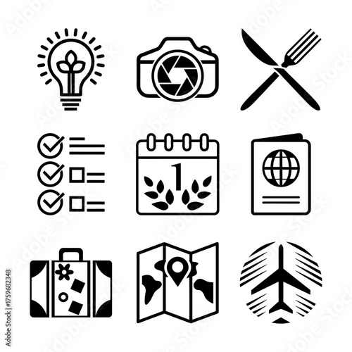 A cohesive set of 9 minimalist black-and-white travel-themed icons.
