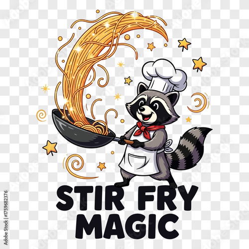 Cartoon raccoon chef stirring a pan of spaghetti with a magical culinary swirl and sparkling stars Cooking Noodles Stirfry Wok Food Kitchen Meal Dinner
