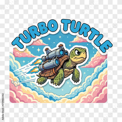 Cartoon turtle with jetpack flying through sky amidst clouds and stars text reads Turbo Turtle speed adventure cute illustration animal graphic design