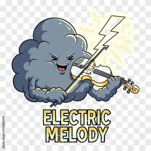 A cartoon storm cloud with a happy face plays a violin with a lightning bolt symbol behind it accompanied by text music electricity playing instrument