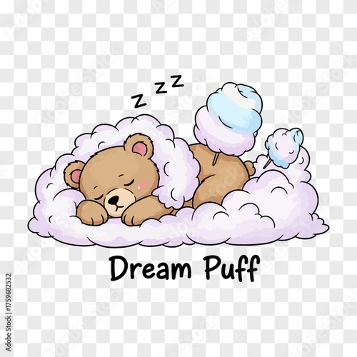 A cute teddy bear peacefully sleeps on fluffy white clouds with cotton candy snacks dreamlike illustration sleeping sweet fantasy adorable rest slumber