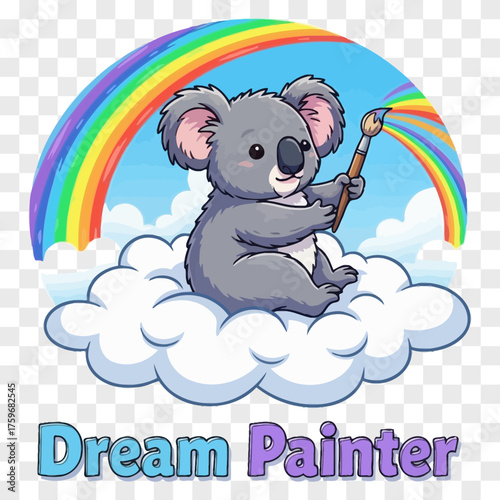 Cute koala painting a vibrant rainbow with a paintbrush while sitting on fluffy clouds against a blue sky animal illustration cartoon artist creative imagination